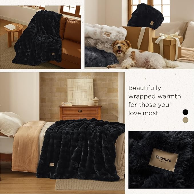 Bedsure GentleSoft Fluffy Fuzzy Black Throw Blanket for Bed, Soft Cozy Fleece Faux Fur Blanket for Couch, Black Room Decor Minky Velvet Sofa Cover, Thick Warm Plush Bedding Cozy Gifts for Women Men