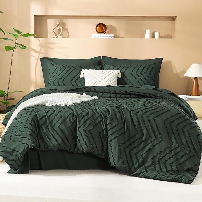 Litanika Forest Green King Size Comforter Set with Sheets - 7 Pieces Bed in a Bag King Boho Tufted Complete Bedding Sets with Comforter, Sheets, Pillowcases & Shams
