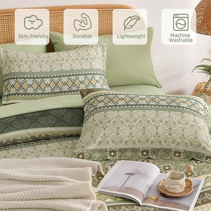 Comforter Set King Size Boho,7 Pieces Sage Green Bedding Set Bohemian Striped Bed in a Bag,Soft Microfiber Paisley Floral Comfortet and Sheet Sets for Family All Season