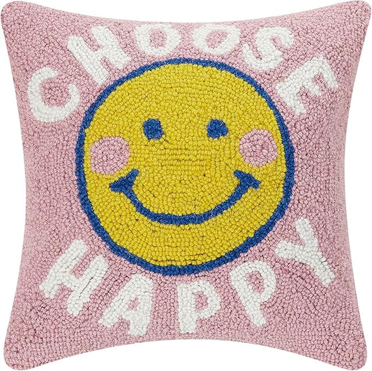 Choose Happy Wool Hook Inspirational Pillow by The Pillow Shoppe