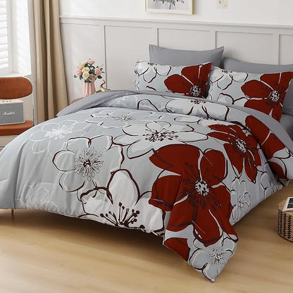 Anibedding 7Pieces Red Floral Comforter Set King Size, Soft Microfiber Red Grey Bed in a Bag Comforter Set with Sheets for All Season