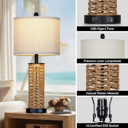 27" Boho Rattan Table Lamps Set of 2, Coastal Bedside Lamp with Night Light, Woven Wicker Bedroom Nightstand Lamps with USB A+C Charging Port, Tall Farmhouse Lamp for Living Room End Table