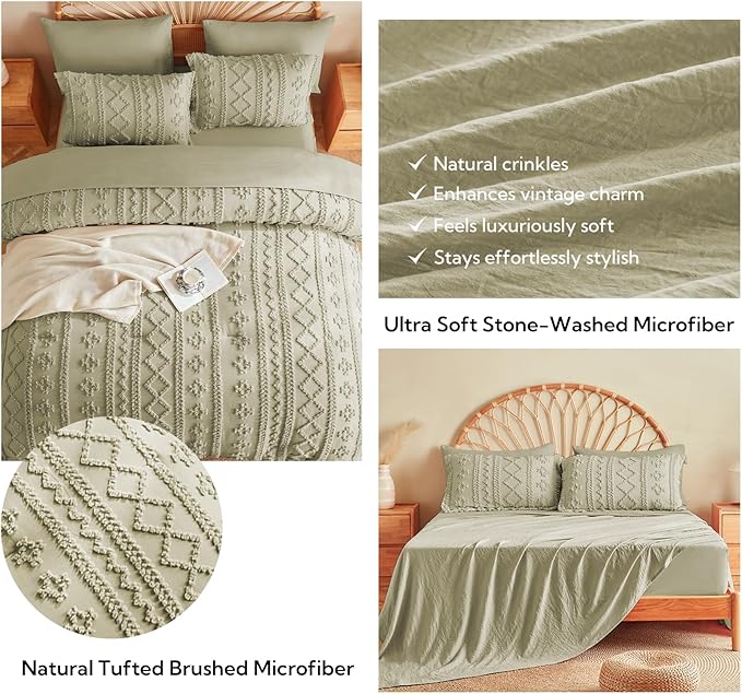 MR&HM Sage Green Boho Comforter Set Queen, Tufted Boho Bedding Set, Farmhouse Shabby Chic Bed in a Bag with 1 Comforter, 2 Pillow Shams, 2 Pillowcases, 1 Flat Sheet, 1 Fitted Sheet for All Seasons