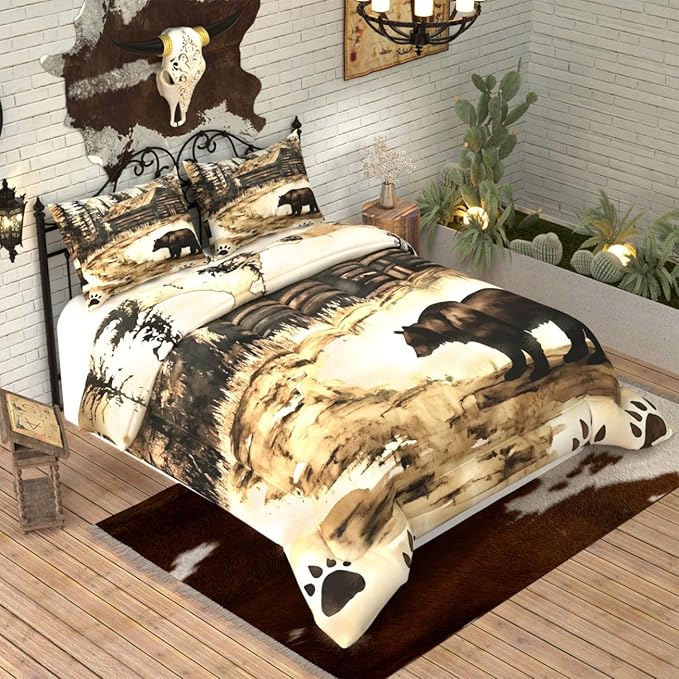 Bear Comforter Set, Cabin Theme Brown 3D Pattern for Kids Teens Adults,Decorative Bedding Comforter Sets with 2 Pillow Shams, King Size