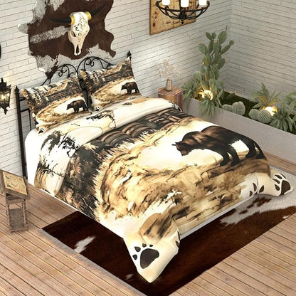 Bear Comforter Set, Cabin Theme Brown 3D Pattern for Kids Teens Adults,Decorative Bedding Comforter Sets with 2 Pillow Shams, King Size
