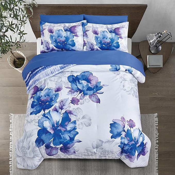 Sunshine Nicole Soft Brushed Microfiber Comforter Set, 7 Pieces Queen, with Light Weight Soft Poly Fill, Printed Dark Blue Grey Big Florals Face with Print Reverse