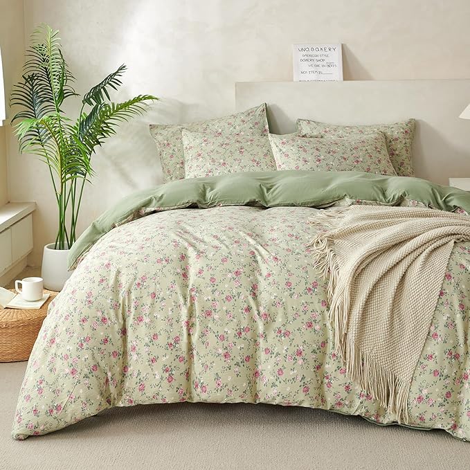 Floral Comforter Queen Set 3 Pieces Soft Cute Fresh Floral Bedding Lightweight Garden Style Floral Botanical Comforter for All Seasons and 2 Pillowcases