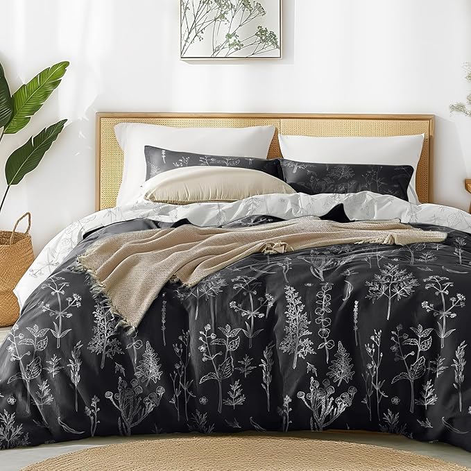 Love's cabin Black Full Size Comforter Set - Full Comforter Set, 3 Pieces Cute Floral Bedding Sets for All Seasons,1 Soft Reversible Botanical Flowers Comforter and 2 Pillow Shams
