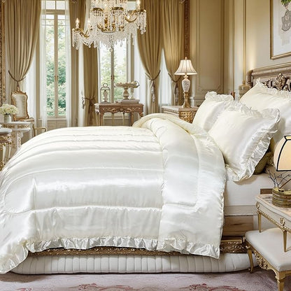 Satin King Comforter Silk Like Bedding 4 Pcs Hotel Soft Polyester White Bed Set Luxury Silky Body Pillow Cover Ruffle Home Decor