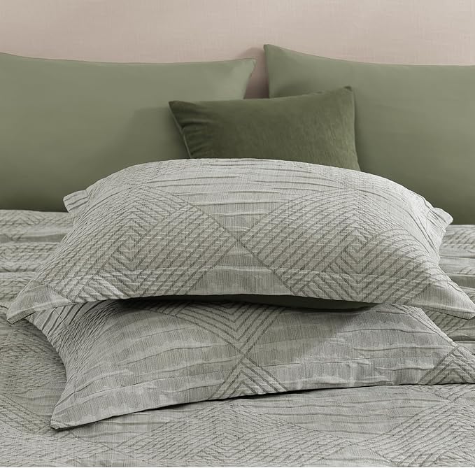 MaiRêve Full Size Comforter Set Crinkle Textured, Light Olive Green Diamond Boho Bedding Set 7 Pieces Bed in A Bag, All Season Geometric Comforter Set with Sheets, Pillowcases & Shams