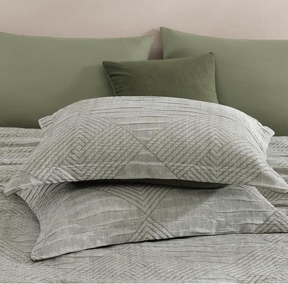 MaiRêve Queen Comforter Set Crinkle Textured, Light Olive Green Diamond Boho Bedding Set 7 Pieces Bed in A Bag, All Season Geometric Comforter Set with Sheets, Pillowcases & Shams