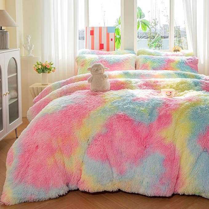 chovy Faux Fur Plush Tie-Dyed Pink Comforter Sets King - Ultra Soft Shaggy Flannel Velvet Fluffy Fuzzy 3PC Bedding Set （Comforter x 1 Pillowcases x 2）