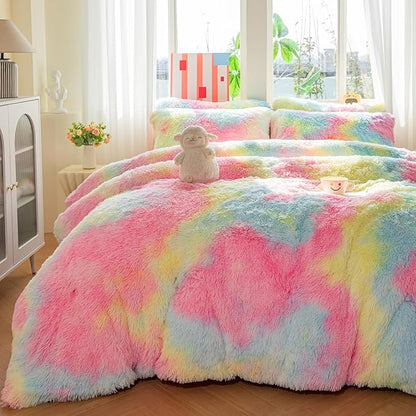 chovy Faux Fur Plush Tie-Dyed Colorful Pink Comforter Sets Full/Queen - Ultra Soft Shaggy Flannel Velvet Fluffy Fuzzy 3PC Bedding Set （Comforter x 1 Pillowcases x 2）