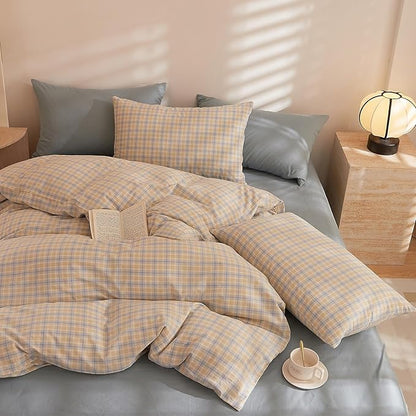 HighBuy Yellow Gingham Comforter Set Queen Size Plaid Comforter Queen Set Modern Checkered Grid Bedding Comforter Hotel Luxury Comfy Fluffy Bedding Sets for Men Teen,Easy Care