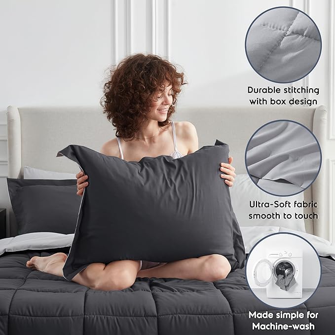 Nestl 7 Piece Full Comforter Set – Dark Grey Reversible Bed in a Bag – Complete Full Size Bedding Set with Sheets, Pillowcases and Shams