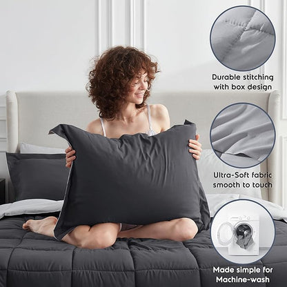 Nestl 7 Piece Queen Comforter Set – Dark Grey Reversible Bed in a Bag – Complete Queen Size Bedding Set with Sheets, Pillowcases and Shams