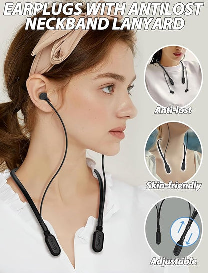HALLEAST Earplugs for Concert, Noise Reduction, Hearing Protection, with Removable Ear Plug Lanyard, Safety Connector Cord Strap Neckband – SNR 26dB, NRR 14dB, Black Plug + Black Tip