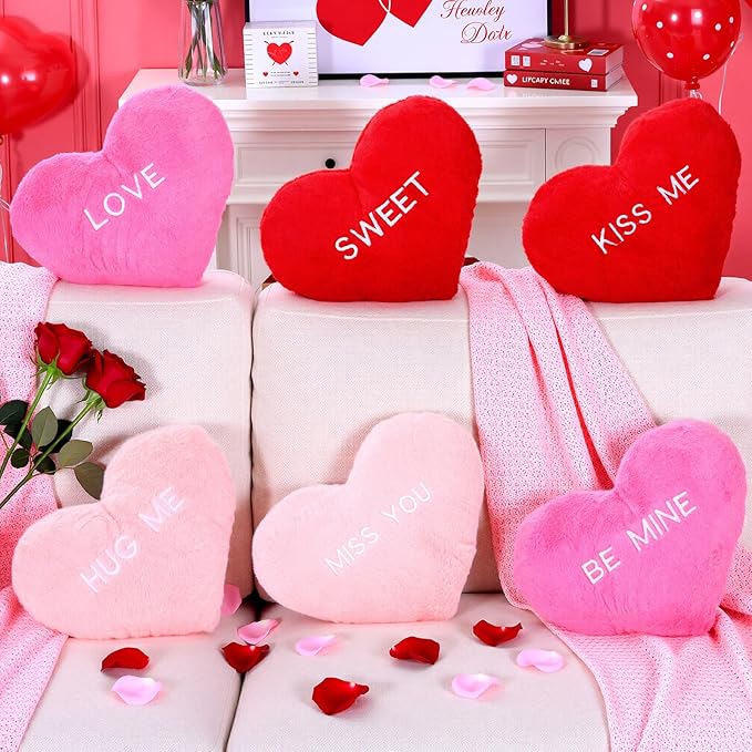 Novabright 6 Pcs Valentines Day Heart Pillows 12", Love Heart Shaped Pillow Plush Throw Pillow, Cute Pink Pillows for Gifts Valentines Day Living Room Bedroom Decor(Conversation)