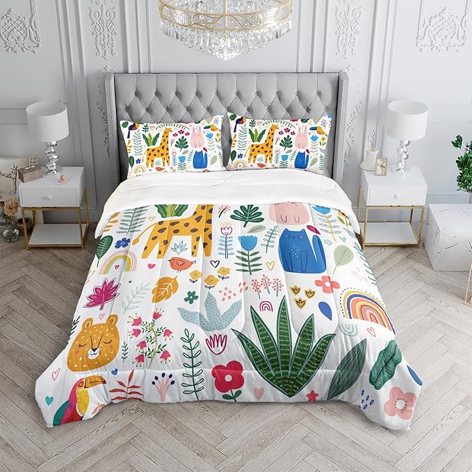 Kids Cute Cat Comforter Set Twin Size 3Pcs Cartoon Pet Rainbow Giraffe Fishing Bedding Set Lovely Animal Parrot Flower Quilt Bed Set for Children Girls Boys Room Decor