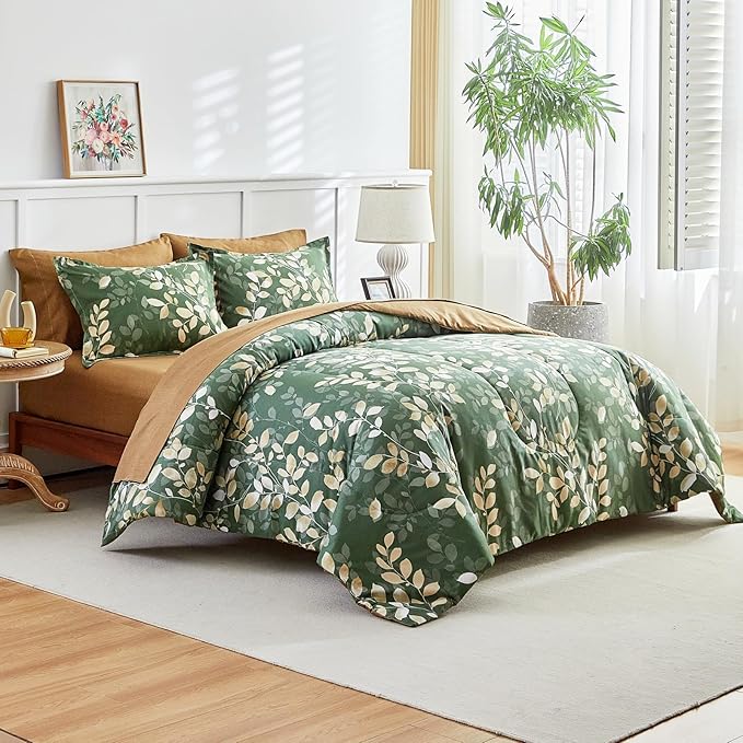 AIKASY 7-Piece Comforter Set Bed in a Bag, Queen Size, Green Leaf Pattern - Bedding Set with Comforter, Pillow Shams, Fitted Sheet, and Pillowcases - Soft and Cozy All-Season Bedding (Green)