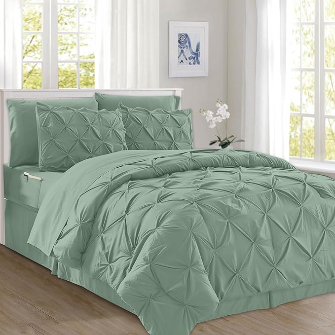 Elegant Comfort 8-Piece Pinch Pleated Comforter Set - All Season Complete Bed in a Bag, Includes 4pc Smart Sheet Set, Bed Skirt, Comforter, Matching Pillowcases and Shams, Twin/Twin XL, Sage Green