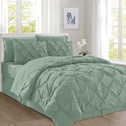 Elegant Comfort 8-Piece Pinch Pleated Comforter Set - All Season Complete Bed in a Bag, Includes 4pc Smart Sheet Set, Bed Skirt, Comforter, Matching Pillowcases and Shams, Twin/Twin XL, Sage Green