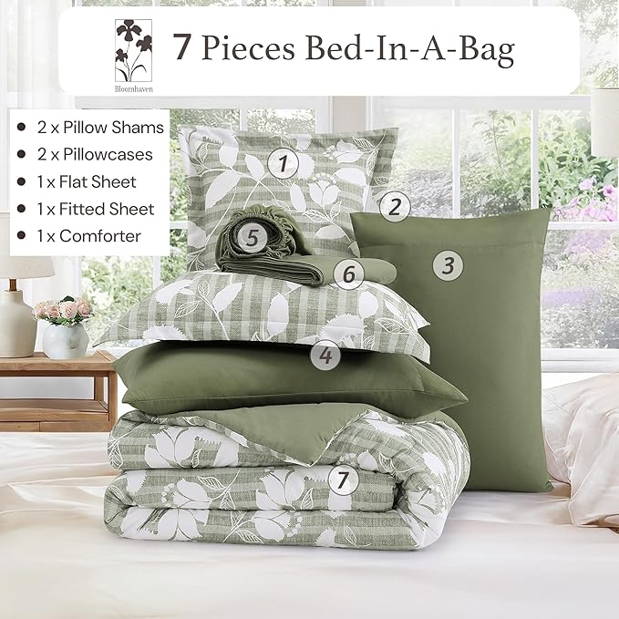 Full Comforter Set -7 Pieces Sage Green Floral Comforter Set for All Seasons, Bed in a Bag Full with Botanical Flowers Comforter, Sheets, Pillowcases & Shams