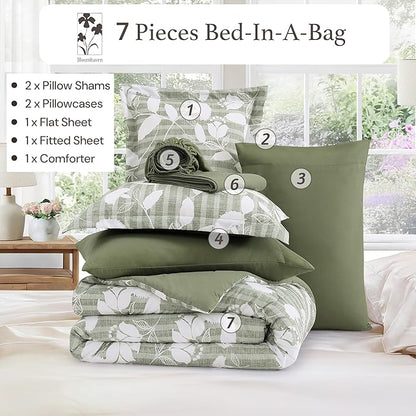 King Comforter Set -7 Pieces Sage Green Floral Comforter Set for All Seasons, Bed in a Bag King with Botanical Flowers Comforter, Sheets, Pillowcases & Shams