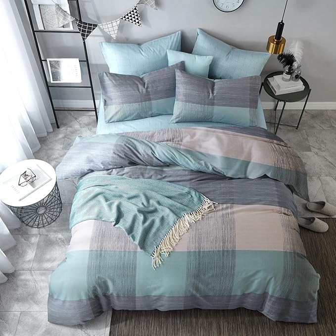 mixinni Simple Patchwork Print Comforter Set Twin XL Size Bed Fluffy Blue Mint Green Geometric Pattern Comforter for Boys Women and Men, 1 Modern Comforter and 2 Pillowcases for All Season