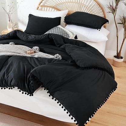 YIRDDEO Twin Comforter Set - Comforter Twin Size Bed with Ball Pom Fringe, Soft Bedding Set for All Seasons - 2 Pieces, 1 Comforter (66"x90") & 1 Pillow Sham(20"x26"), Black