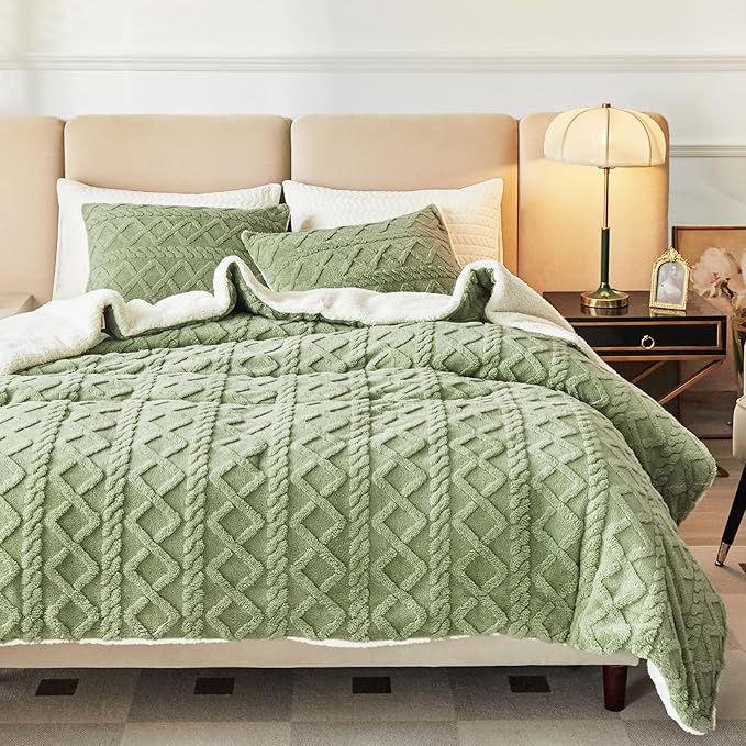 Joyreap 3-Piece Fluffy Faux Fur Sherpa Comforter Set Green, Twin Size Luxury Tufted Bedding Comforter Set, All Season Soft n Cozy Plush Comforter Bed Set- 68x86 inches