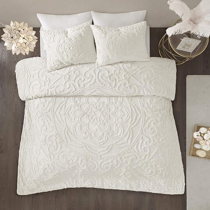 Madison Park Laetitia Comforter Bohemian Tufted Cotton Chenille, Medallion Shabby Chic All Season Down Alternative Bed Set with Matching Shams, Floral Off White King/Cal King(104"x92") 3 Piece