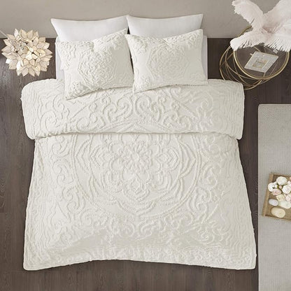 Madison Park Laetitia Comforter Bohemian Tufted Cotton Chenille, Medallion Shabby Chic All Season Down Alternative Bed Set with Matching Shams, Floral Off White King/Cal King(104"x92") 3 Piece