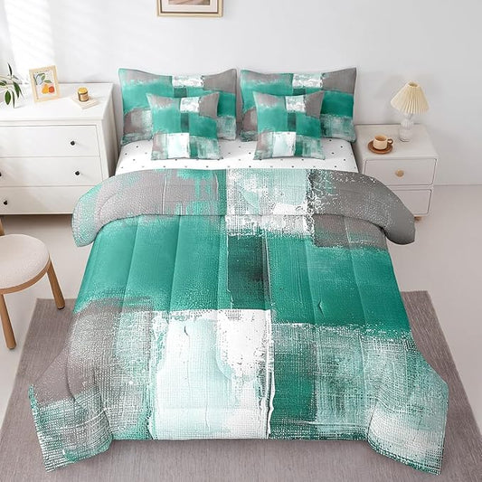 Light Green White Grey Full Comforter Set 7-Piece Aesthetic Bed in a Bag, Gradient Bedding Comforter Sets Modern Bedding Set (Comforter, Fitted Sheet, Flag Sheet, Pillowcase, Throw Pillow Cover)