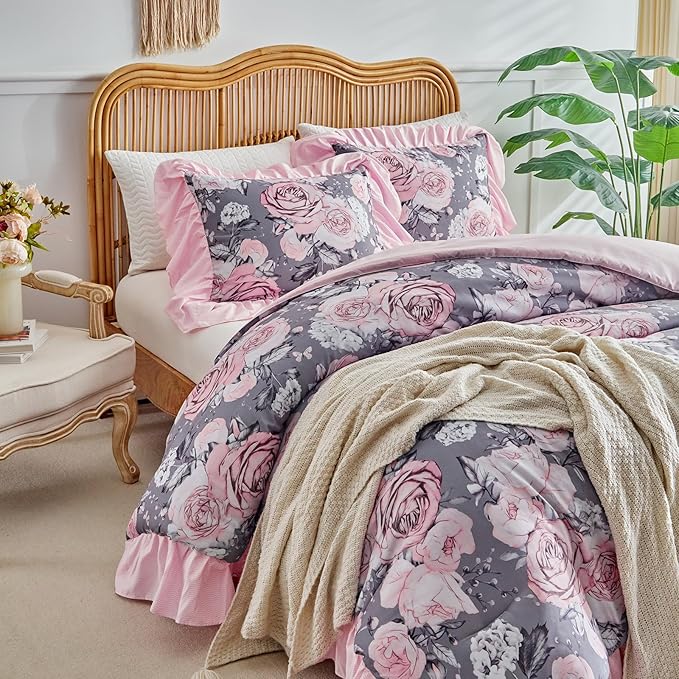 Flower Comforter Set Twin Size 68 * 86in - Gray Pink Floral with Leave Style -3 Pieces Shabby Chic Farmhouse Bedding with Ruffled Fringe Rustic Lightweight Botantical Ruffle Comforter with Shams