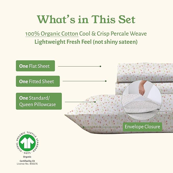California Design Den Twin Floral Sheet Set, 100% Organic Cotton Percale Sheets, Deep Pocket Twin Sheets & Pillowcase Set - Floral