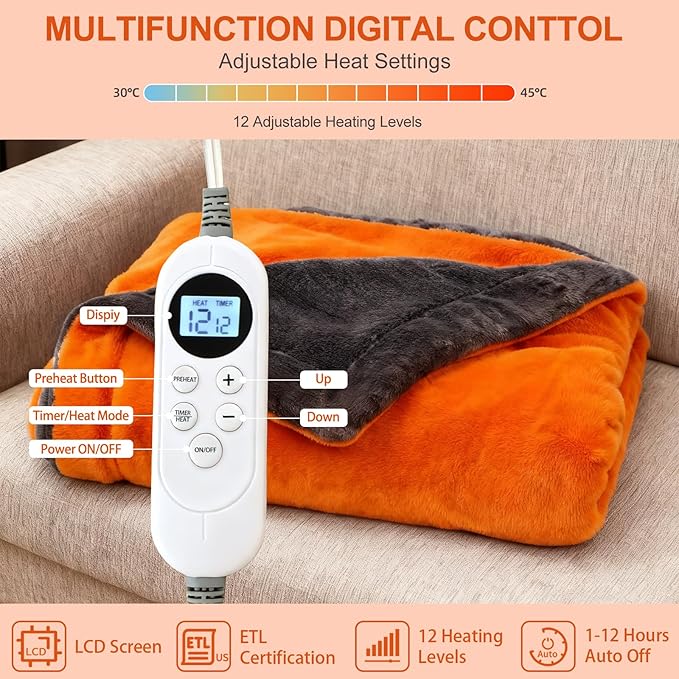Electric Heated Blanket Throw 50" x 60" Soft Dual-Sided Flannel Fast Heating 12 Heat Levels 1–12H Timer & Overheat Protection & Auto Shut-Off & Machine Washable (Orange)