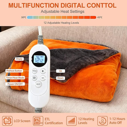 Electric Heated Blanket Throw 50" x 60" Soft Dual-Sided Flannel Fast Heating 12 Heat Levels 1–12H Timer & Overheat Protection & Auto Shut-Off & Machine Washable (Orange)