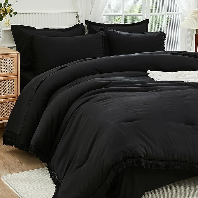 Andency Black Full Size Comforter Set with Sheets - 7 Pieces Boho Tassel Bed in a Bag Soft Lightweight Bedding Sets, Black Fringe Bed Set with Comforter, Sheets, Pillowcases & Shams