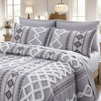 MOVE OVER Boho Tufted Comforter Set King Size 5 Pieces Farmhouse Bedding Set 100% Soft Microfiber Boho Aztec Bedroom Comforter Set Modern Style Ethnic Gray Tufted Bed Set for All Seasons