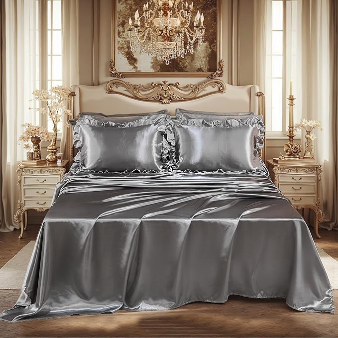 Satin Comforter Set with Sheet Set King 8 Pieces Silk Like Grey Bedding Silky Ruffle Pattern Luxury Silky Comforter Set with 1 Cushion Cover