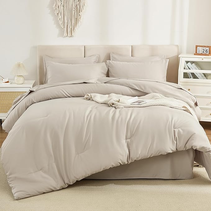 Litanika Comforter Full Size Set Tannish Grey - 7 Pieces Bed in a Bag Full Bedding Comforter Sets, Plain Lightweight Bed Set with Comforter, Sheets, Pillowcases & Shams