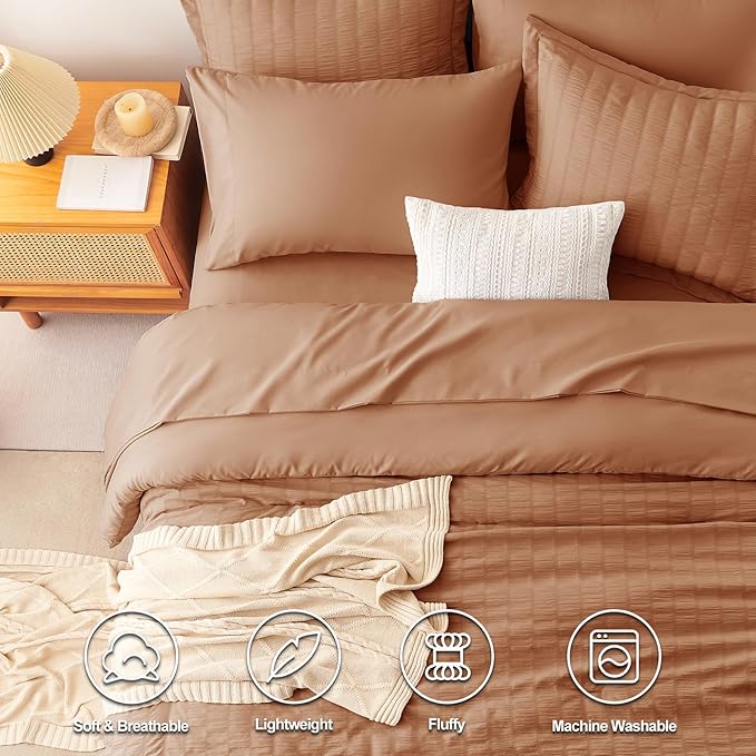 CozyLux King Size Comforter Set Pumpkin Seersucker 7 Pieces Bed in a Bag King Comforter Set with Sheets, Luxury Bedding Set with Down Alternative Comforter, Sheets, Pillowcases & Shams All Seasons