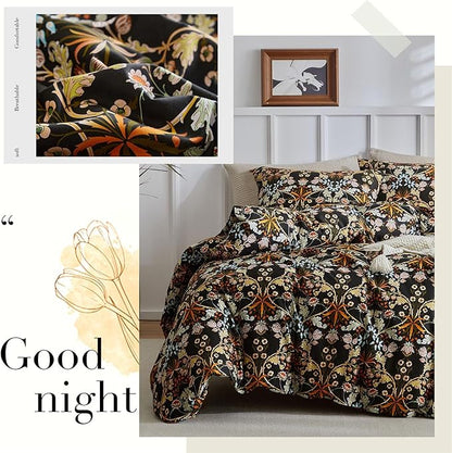 mixinni Vintage Floral Comforter Set Queen, All Seasons Bohemian Bedding Set, 3 Pieces Farmhouse Boho Shabby Chic Vibrant Colors Flowers Plants Comforter Set Perfect for Women and Men-Queen Size