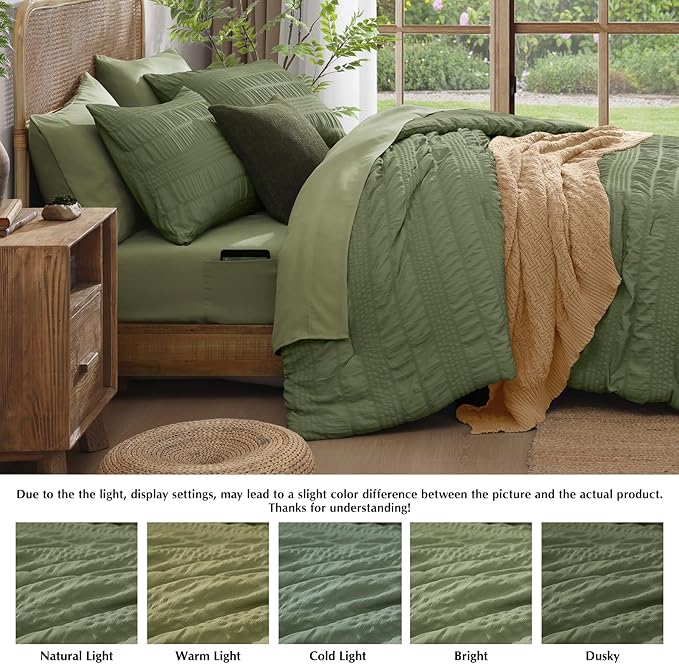 CASAAGUSTO King Size Comforter Set, 7 Pieces Olive Green Seersucker Bed in a Bag King Soft All Seasons, King Bedding Sets with Comforter, Flat Sheet, Fitted Sheet, 2 Pillow Shams, 2 Pillowcases