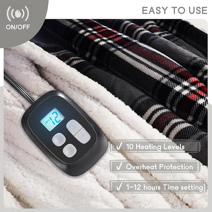 Heated Blanket Electric Blanket Full Size 72''x84'' with 10 Heating Levels, 12 Hour Auto Shut Off, Machine Washable, Flannel & Sherpa Soft Warming Blanket for Couch, Bed, Office - Gray & Red