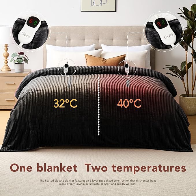 Homemate Electric Heated Blanket Queen Size - 84"x90" Heating Blanket Queen Size Dual Control 1/2/4/6/8 Hours Auto-Off 10 Heat Level Over-Heat Protection Soft Flannel Sherpa ETL Certification
