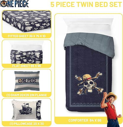 Jay Franco One Piece Twin Size Comforter Set - 5 Piece Blue Bedding Includes Sheet Set & Pillow Covers - Super Soft Anime Bedding with Skull and Bones