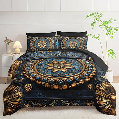 7 Piece Bed in A Bag Black and Gold Mandala Comforter Set Queen Size，Mandala Bedding Set Queen，(1 Comforter, 1 Flat Sheet, 1 Fitted Sheet, 2 Pillowcase and 2 Pillow Sham)