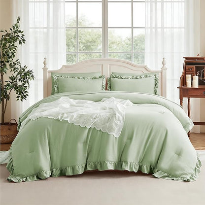MR&HM Light Green Comforter Set Twin for Girls Women 5 Pieces, Shabby Chic Vintage Cottagecore Bed Sets Solid Elegance Boho Bed in a Bag, Ultra-Soft & Fluffy Comforter for All Season